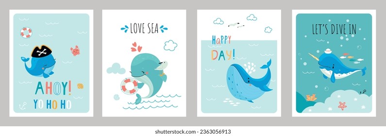 Whale printable cards. Positive simple posters with flat underwater characters. Marine animals, aquatic whales and seagull nowaday vector banners