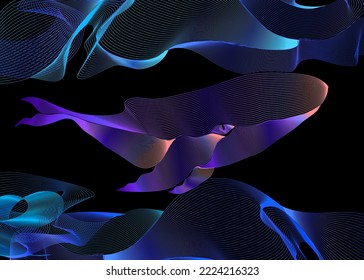 Whale psychedelic from an abstract hairline in abstract waves on a black background