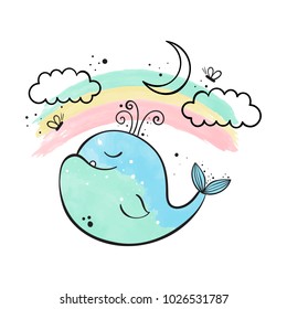 The whale and the rainbow. Watercolor vector illustration