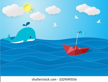 whale and red boat on the ocean in summer season.paper cut,digitalcraft style. Vector illustration.copy space, card,banner, poster, voucher.