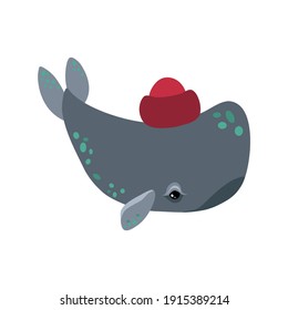 Una ballena con una gorra roja. Ilustración vectorial de los niños ballena dibujada a mano. Una ballena graciosa. Para las impresiones de decoración de la habitación de bebé, para patrones de ropa de bebé, postal, invitación