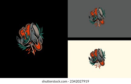 whale and red rose vector mascot design