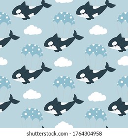 whale repeat pattern. Nursery art background. Children's fabric pattern design.