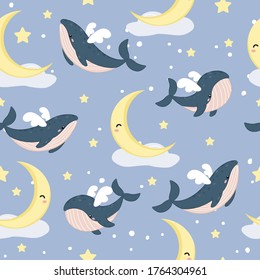 whale repeat pattern. Nursery art background. Children's fabric pattern design.