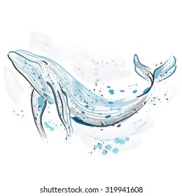 Whale. Retro hand drawn vector illustration.Card, print, t-shirt, postcard, poster.