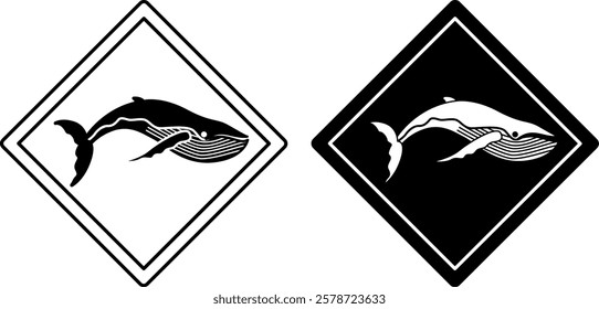 Whale Road Signs. Black and White Vector Icons. Killer Whale, Big Fish. Road Sign Warning Animals Crossing Road. Zoo Sticker
