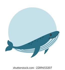 Ballena con marco redondo. Ilustración vectorial de dibujos animados.