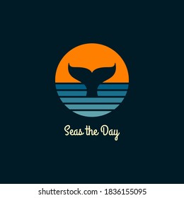 Whale round logo. Sea or ocean with sun and whale tail on dark background