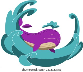 Whale 's on the waves. Cute whale sleeps on wave