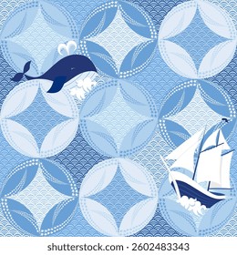 Whale and Sailboat in Geometric Sea Pattern. Abstract Ocean Seamless Pattern. Blue Geometric waves illustration. Abstract Marine Scene with Whale, Sailboat and Geometric Waves.