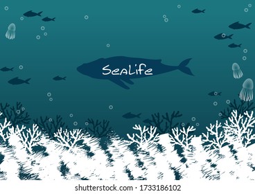 Whale, school of fish, jelly fish and coral in deep sea background for decoration on summer festival.