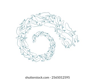 Whale school silhouette pattern. Group of aquatic creatures in a round shape. Ocean life, chalk texture, undersea context, potential for summer designs.