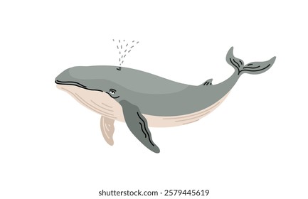 whale sea animal with splash fountain, cute flat vector illustration