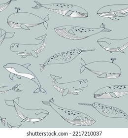 Whale sea animal vector seamless pattern.