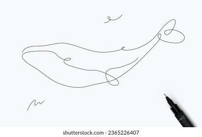 Whale sea creature drawing in pen line style on white background