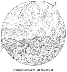 Whale in the sea and full moon in a round frame.Coloring book antistress for children and adults. Illustration isolated on white background.Zen-tangle style. Hand draw