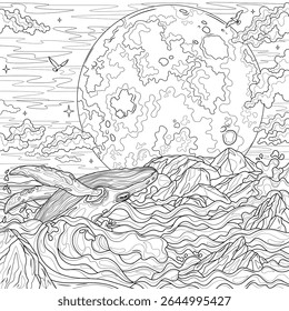 Whale in the sea and full moon.Coloring book antistress for children and adults. Illustration isolated on white background.Zen-tangle style. Hand draw