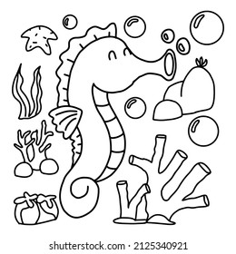 Whale, Sea Horse Outline animal.Coloring book for children