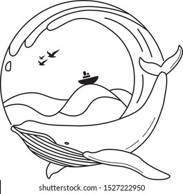 Whale in sea illustration. Whale template in black and white lines. Whale in ocean black isolated on white background. 