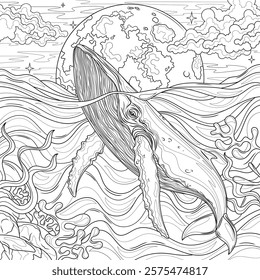 Whale in the sea and  moon.Coloring book antistress for children and adults. Illustration isolated on white background.Zen-tangle style. Hand draw