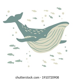 Whale in the sea. Ocean animal in trendy flat style. Hand drawn marine mammal with amazing underwater world. Decorative vector illustration for cards, leaflets, cups or t-shirt.