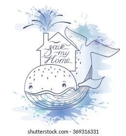 Whale and sea, ocean protection, preservation symbol.  Vector illustration in eps10 format.
