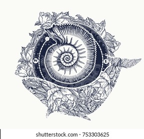 Whale and sea shell tattoo and t-shirt design. Mystical symbol of adventure, dreams 