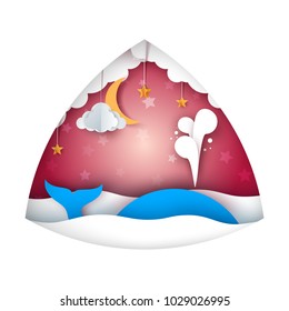 Whale, sea, star, sky moon - paper cartoon illustration Vector eps 10