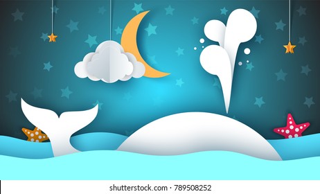 Whale, sea, star, sky moon - paper cartoon illustration Vector eps 10