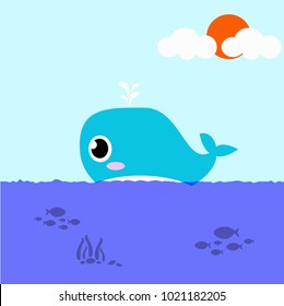 whale in the sea with the sun and clouds. vector-illustration.