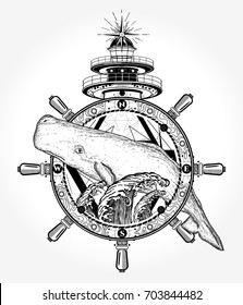 Whale and sea tattoo and t-shirt design. Travel, adventure, outdoors symbol. Water waves in the sea 