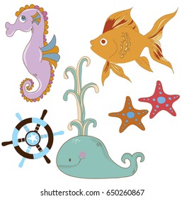 whale, seahorse, goldfish, sea background