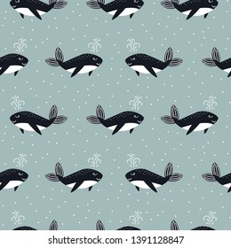 Whale seamless cute vector pattern. Cartoon style blue fun fish background. Sea life fish kid print.