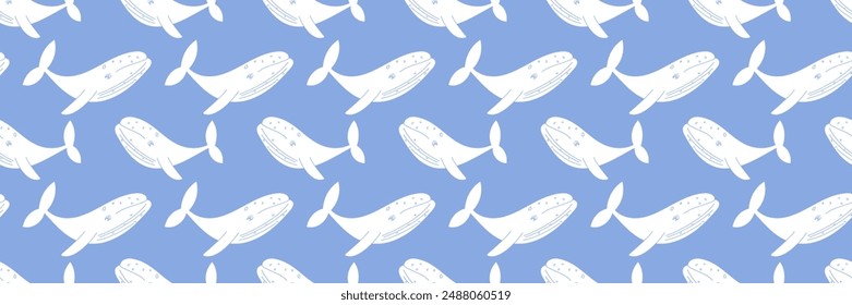 Whale seamless pattern. Abstract vector banner for decor, print, wallpaper. Blue background