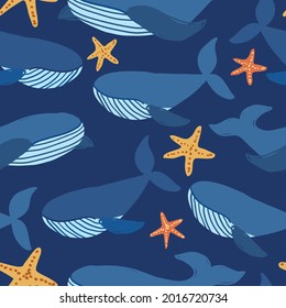 Whale seamless pattern for apparel design, fabric, kids clothes. Ocean kids background with whales.