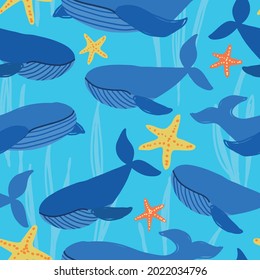 Whale seamless pattern for apparel design, fabric, kids clothes. Ocean kids background with whales.