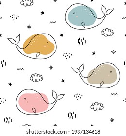 Whale seamless pattern background sea creatures Hand drawn design in cartoon style, use for textiles, clothing patterns. Print, wallpaper Vector illustration