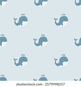 Whale seamless pattern background. Sea animals illustration pattern. Sea life background. Perfect for fashion clothes, shirt, fabrics, textiles, wallpaper, decor, print, packaging.