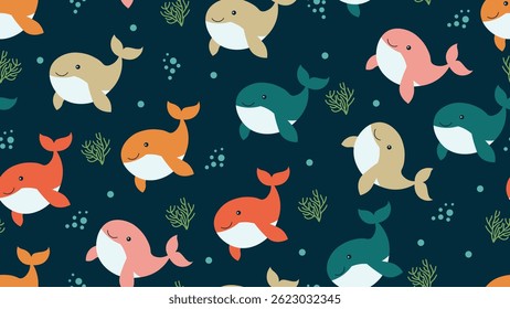 Whale seamless pattern background. Sea animals illustration pattern. Sea life background. Perfect for fashion clothes, shirt, fabrics, textiles, wallpaper, decor, print, packaging.