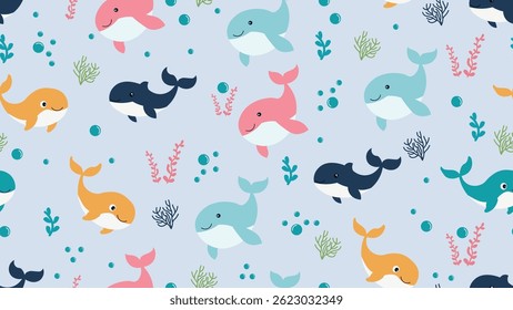 Whale seamless pattern background. Sea animals illustration pattern. Sea life background. Perfect for fashion clothes, shirt, fabrics, textiles, wallpaper, decor, print, packaging.