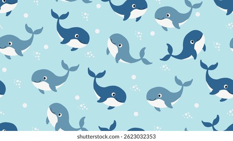 Whale seamless pattern background. Sea animals illustration pattern. Sea life background. Perfect for fashion clothes, shirt, fabrics, textiles, wallpaper, decor, print, packaging.