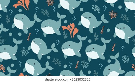 Whale seamless pattern background. Sea animals illustration pattern. Sea life background. Perfect for fashion clothes, shirt, fabrics, textiles, wallpaper, decor, print, packaging.