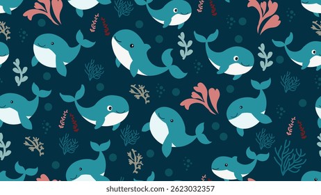 Whale seamless pattern background. Sea animals illustration pattern. Sea life background. Perfect for fashion clothes, shirt, fabrics, textiles, wallpaper, decor, print, packaging.