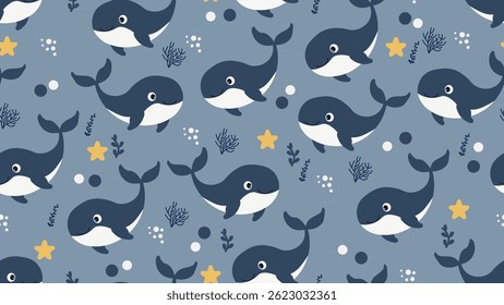 Whale seamless pattern background. Sea animals illustration pattern. Sea life background. Perfect for fashion clothes, shirt, fabrics, textiles, wallpaper, decor, print, packaging.