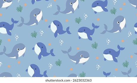 Whale seamless pattern background. Sea animals illustration pattern. Sea life background. Perfect for fashion clothes, shirt, fabrics, textiles, wallpaper, decor, print, packaging.