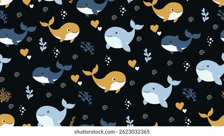 Whale seamless pattern background. Sea animals illustration pattern. Sea life background. Perfect for fashion clothes, shirt, fabrics, textiles, wallpaper, decor, print, packaging.