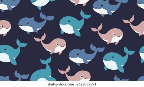Whale seamless pattern background. Sea animals illustration pattern. Sea life background. Perfect for fashion clothes, shirt, fabrics, textiles, wallpaper, decor, print, packaging.