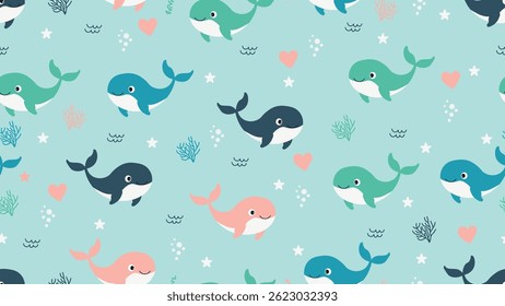 Whale seamless pattern background. Sea animals illustration pattern. Sea life background. Perfect for fashion clothes, shirt, fabrics, textiles, wallpaper, decor, print, packaging.