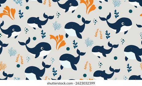 Whale seamless pattern background. Sea animals illustration pattern. Sea life background. Perfect for fashion clothes, shirt, fabrics, textiles, wallpaper, decor, print, packaging.