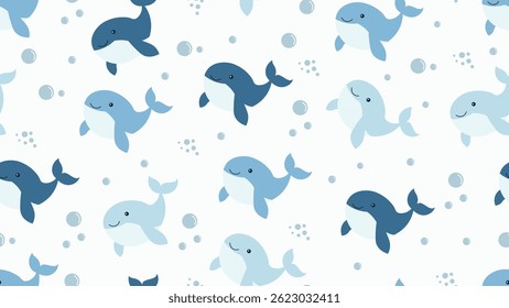 Whale seamless pattern background. Sea animals illustration pattern. Sea life background. Perfect for fashion clothes, shirt, fabrics, textiles, wallpaper, decor, print, packaging.